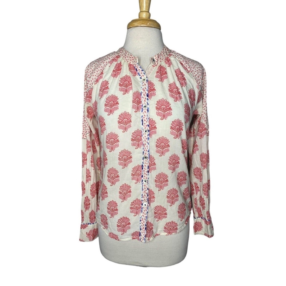 SUNDANCE PINK/CORAL BLOCK PRINT, BUTTON UP TOP BOHO XS